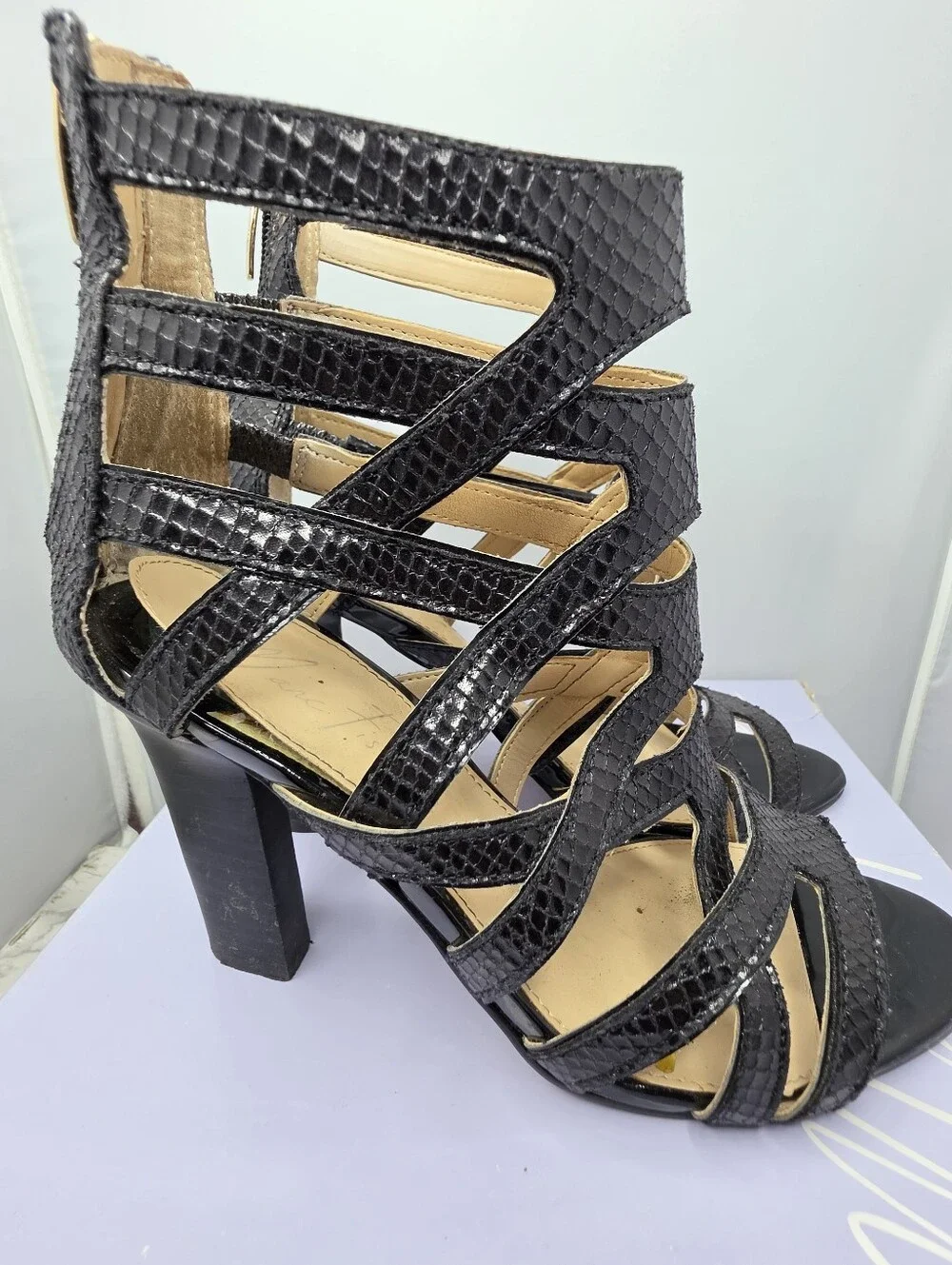 Marc Fisher faux snakeskin caged heels 7.5